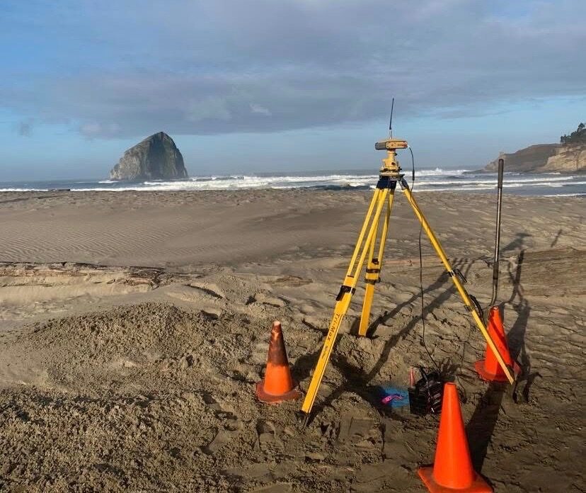 Survey equipment set up on the Oregon coast